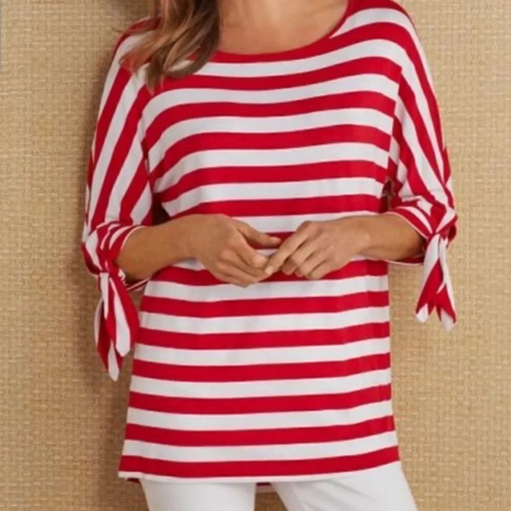 Soft Surroundings Adrift red&white striped tie sleeve tshirt sz Small